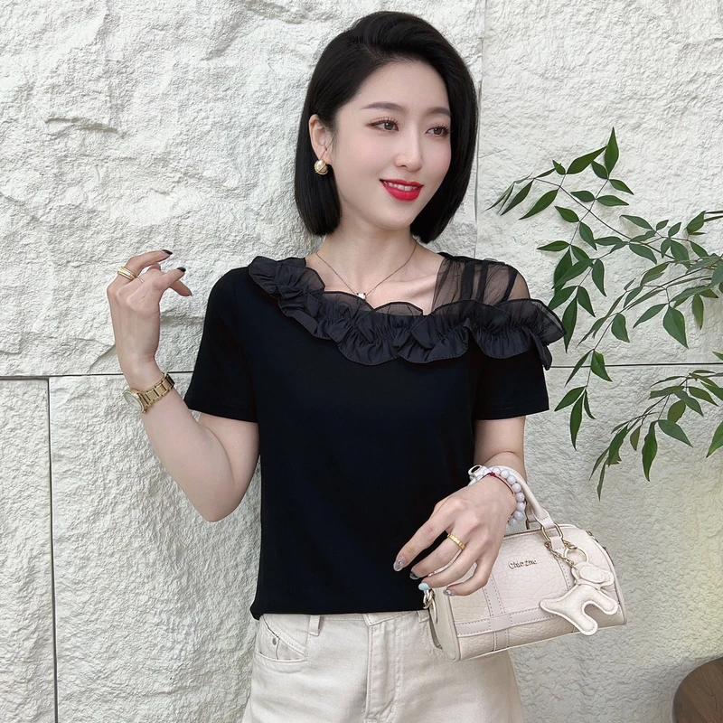 2025夏季不规则领洋气漏肩时尚百搭t恤显瘦短袖2526