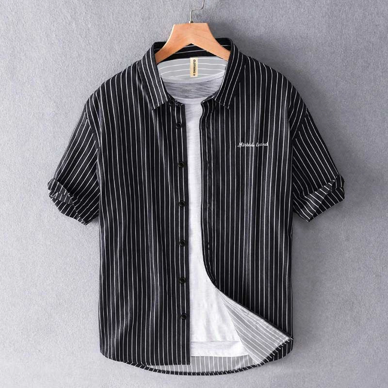 日系条纹刺绣男士短袖衬衫夏季韩版休闲薄款修身大码半袖帅气百搭