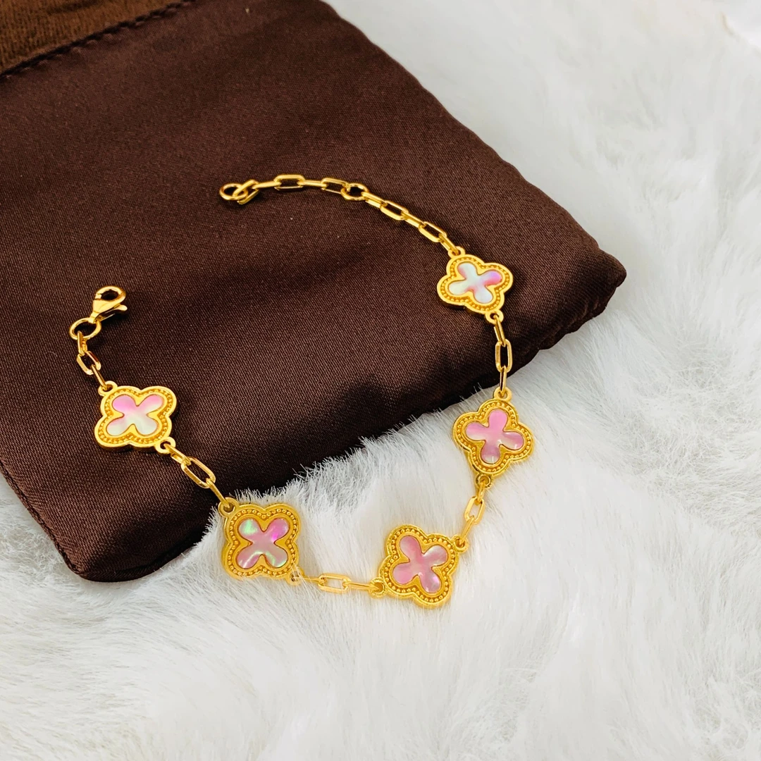 IBELOVE 足金999黄金螺钿工艺幻彩四叶草手链百搭时尚女神节礼物