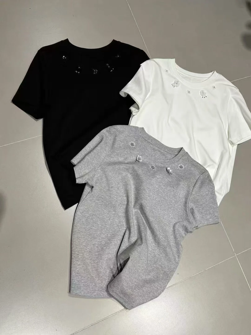 【丽鑫】77001重工艺钉珠圆领短袖t恤