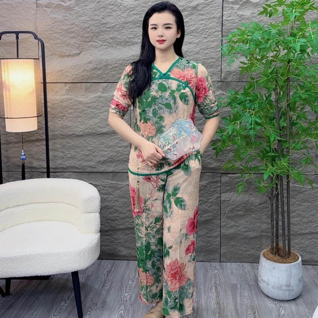 【长袖】新春秋款中老年女装中式盘扣阔腿裤夏季休闲复古套装