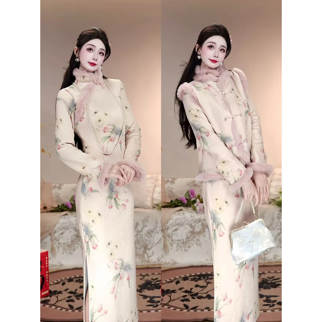 【粉香新玉夹棉加绒款】潇夫人自制中式显白乖巧毛毛长袖旗袍裙国风