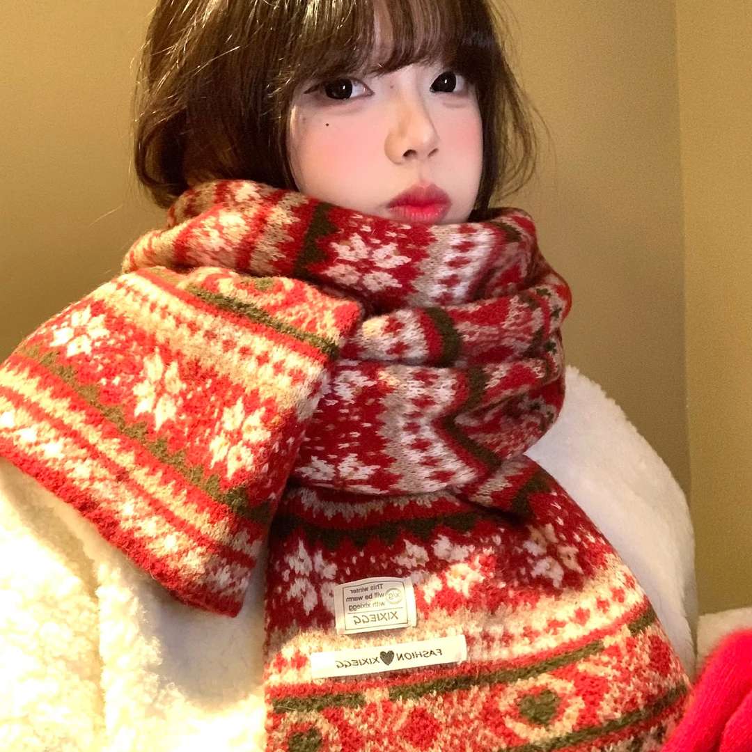 红色费尔岛提花针织围巾女秋冬季圣诞氛围感加厚保暖防寒护颈围脖