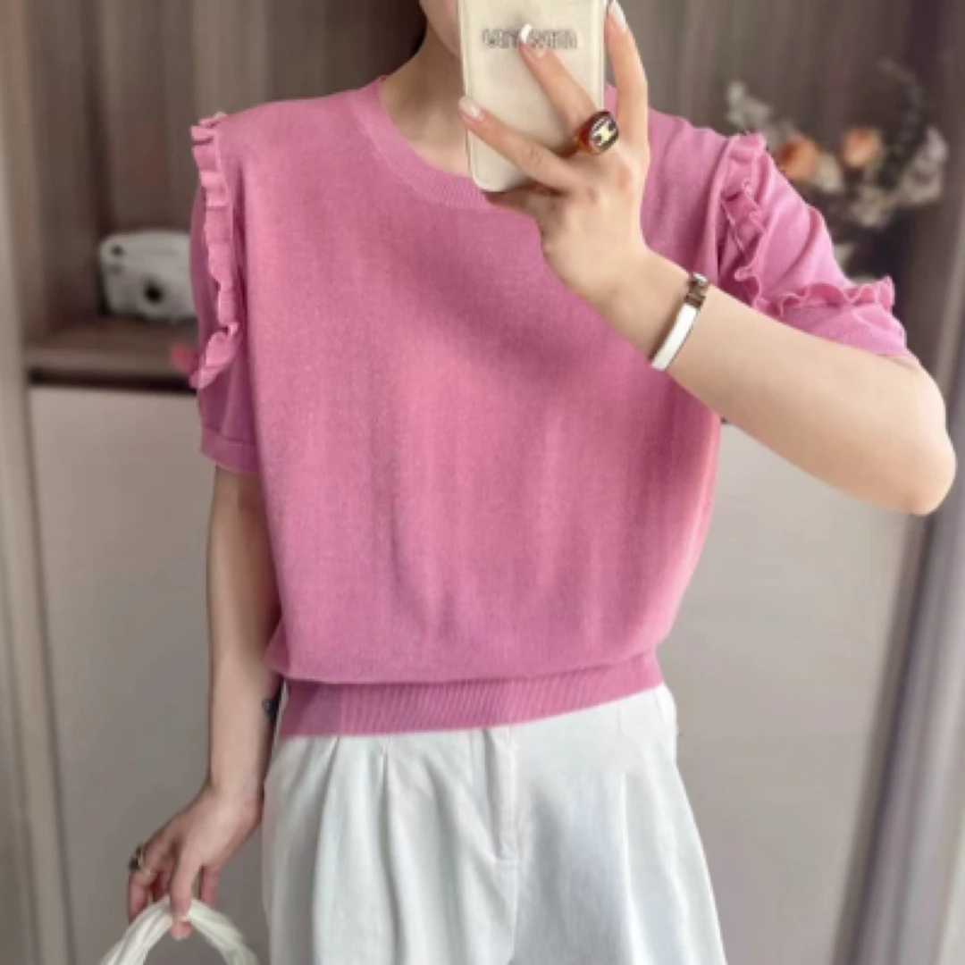 纯色圆领荷叶边镂空袖高质感百搭气质