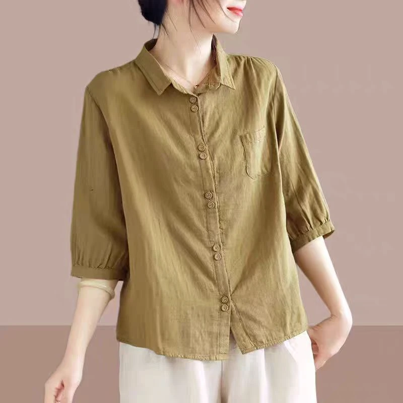 文艺双层棉纱衬衫女夏季2025新款衬衣宽松休闲纯棉七分袖薄款上衣