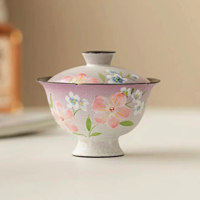 粉引盖碗手绘迎春花陶瓷家用功夫茶具高足泡茶碗薄胎茶器