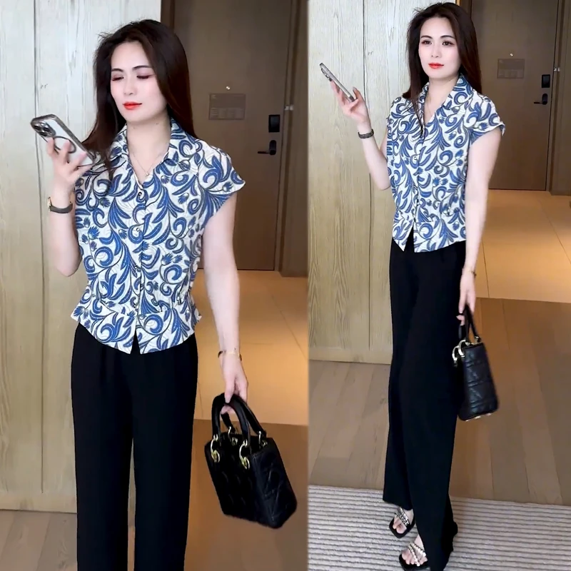 拼接新中式短袖印花碎花夏季衬衫时尚显瘦休闲气质衬衣洋气减龄