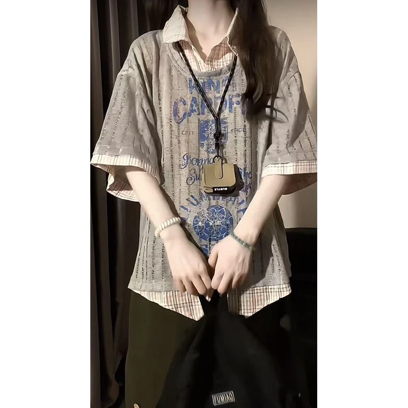 美式复古假两件polo衫短袖t恤女2025新款夏季宽松学院风罩衫上衣