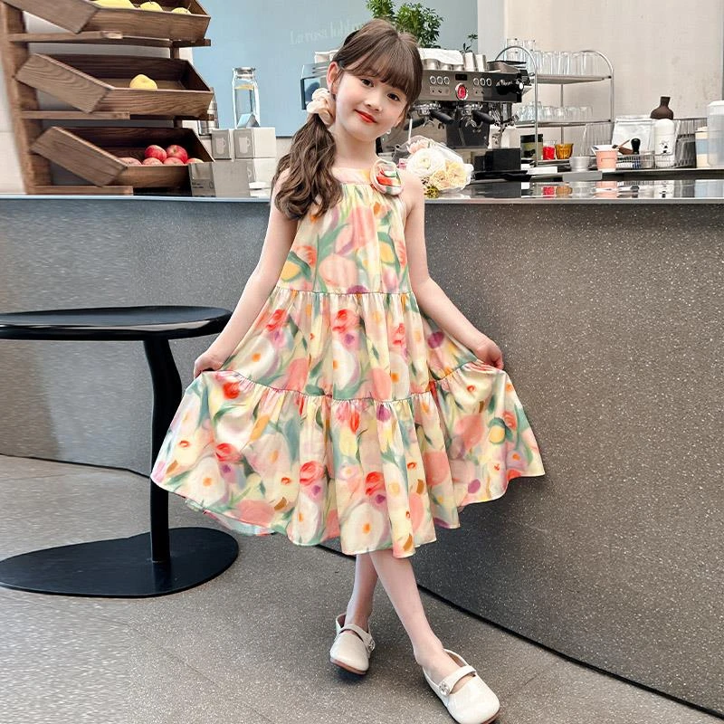 女童连衣裙夏装韩版背心儿童洋气夏季小女孩碎花中长款吊带沙滩裙