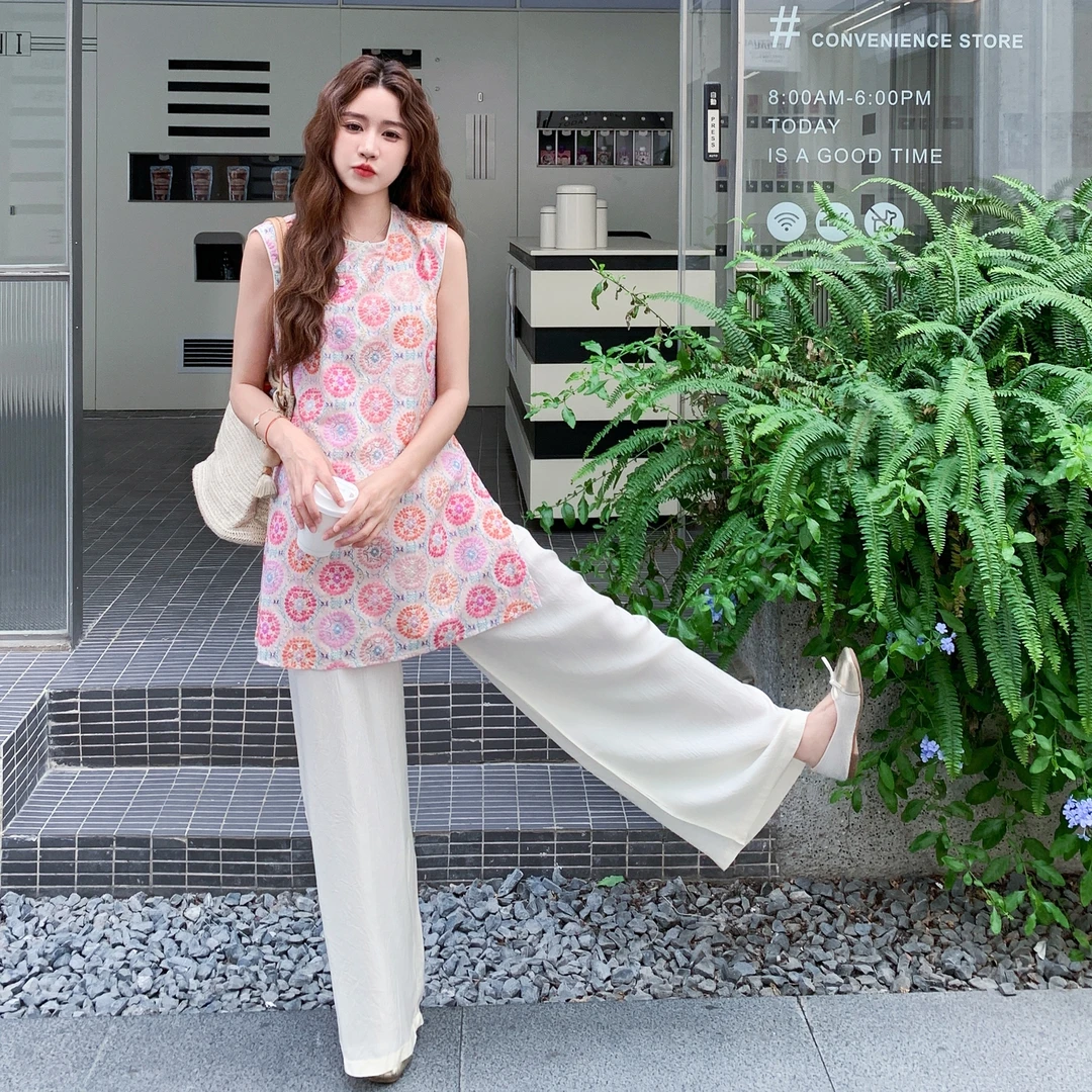 新中式轻国风盘扣印花无袖上衣套装女2025夏季气质独特漂亮两件套