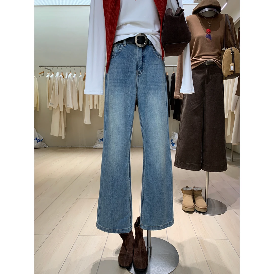 腿线优越窄版无弹牛仔裤女做旧浅蓝色棉质直筒裤明线刺绣加绒长裤