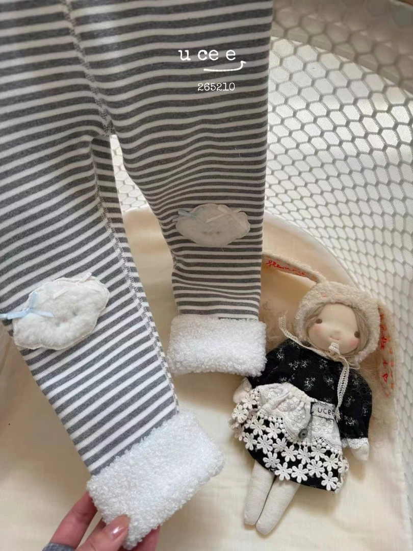 女童灰色卡通条纹一体绒打底裤（YX-265210-冬A）汉服散