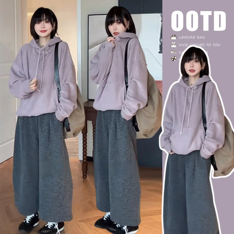 冬季新款加厚保暖舒适时尚孕妇连帽卫衣呢子阔腿裤高质量套装冬款