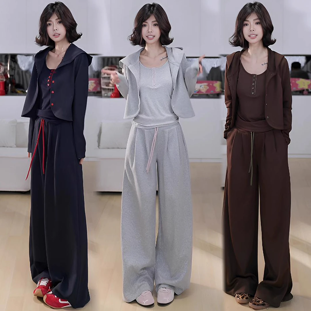 时尚套装女2025秋季新款洋气显瘦百搭背心连帽开衫阔腿裤三件套潮