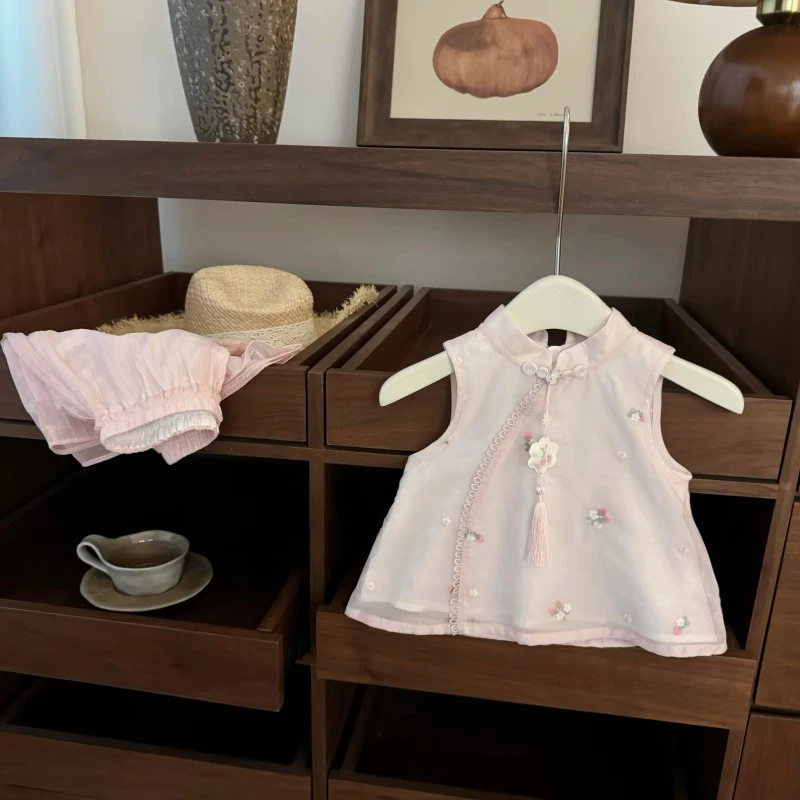 【童星圆】粉粉樱桃！女宝宝新中式国风甜美刺绣背心直筒裤套装潮