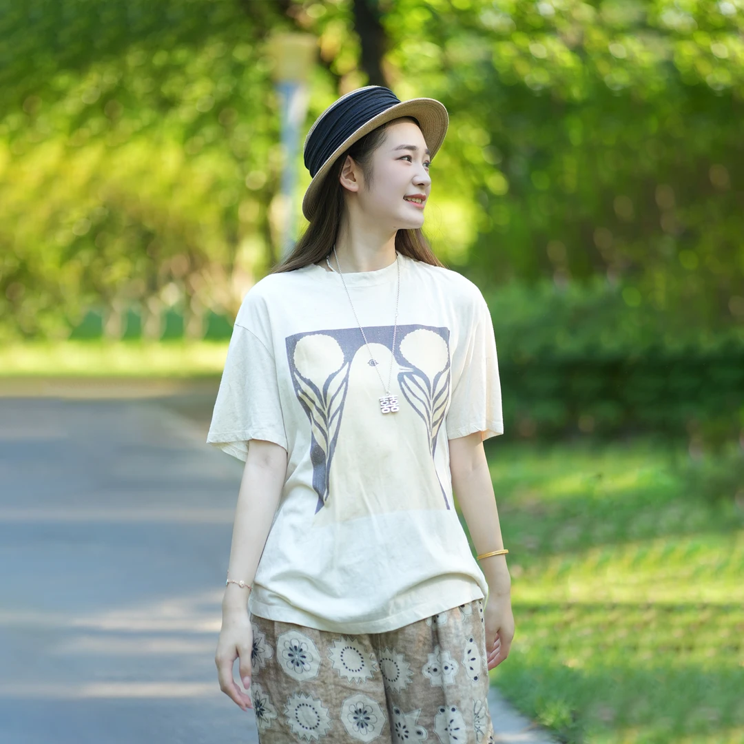 【寻苔出品】几见 W52301 棉麻方框复古印花 自然纤维杂色 短袖T恤