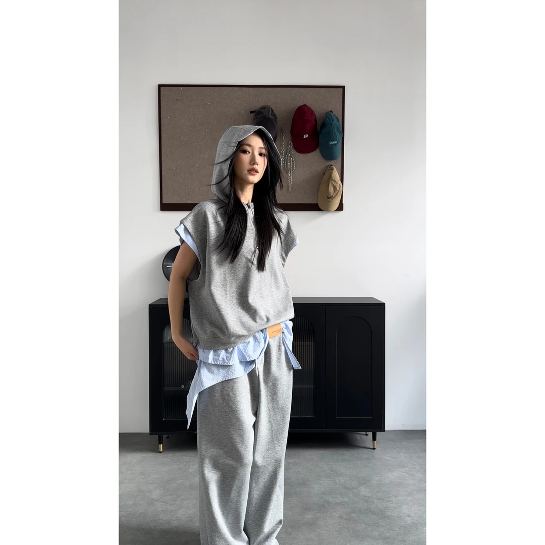 QIUYIDAODI灰色连帽卫衣套装宽松上衣男女同款美式拼接假两件上衣