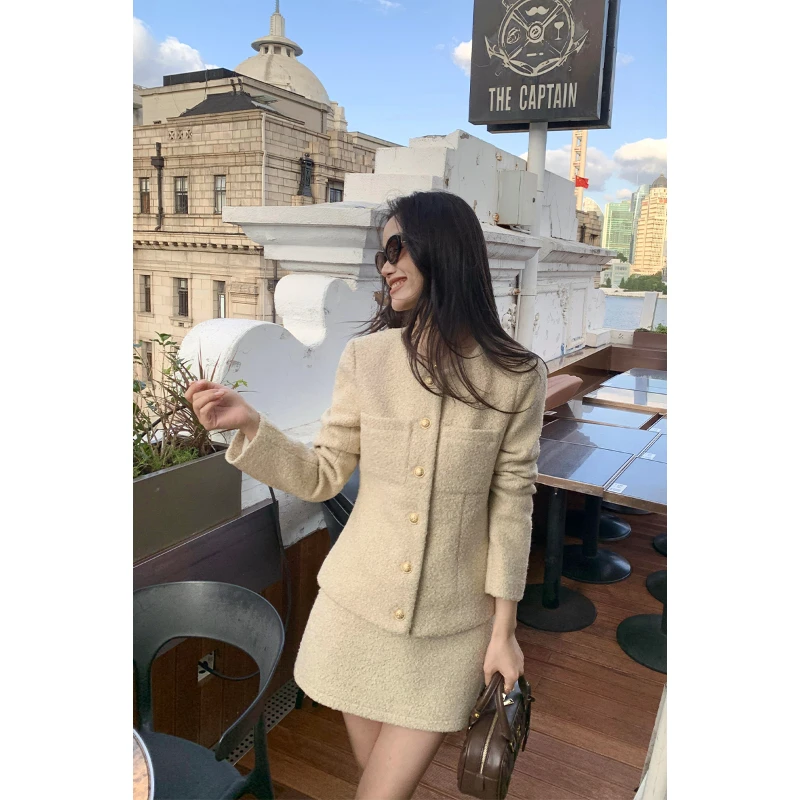 pusumede miu系都市 圆领小香风毛呢外套女气质优雅包臀短裙套装