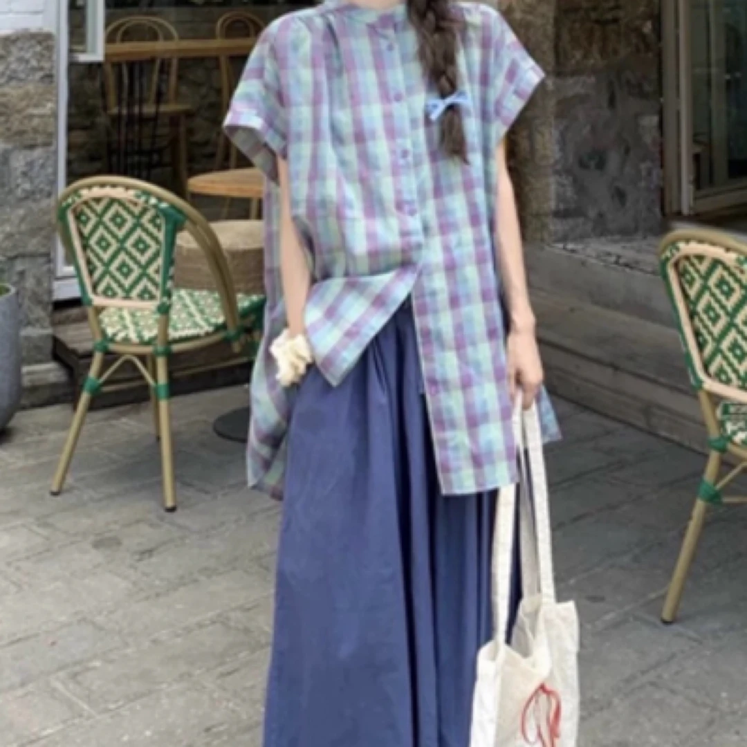 微胖mm大码女装复古风日系套装撞色格子短袖衬衫女夏季宽松阔腿裤