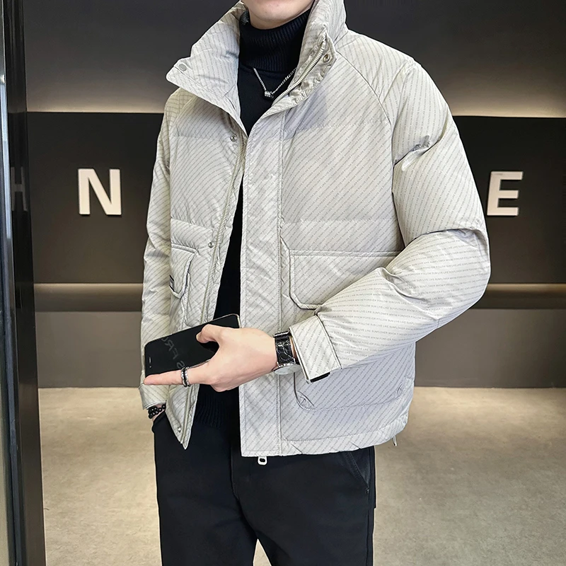 男士羽绒服冬季2024新款高级感潮牌条纹男装轻薄短款加厚立领外套