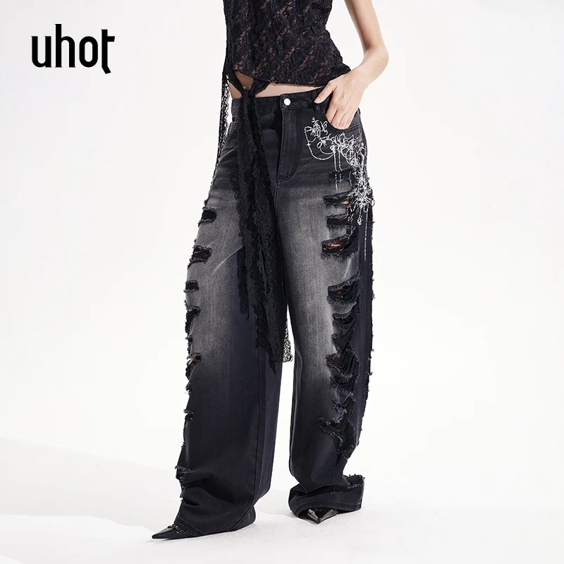 UHOT 渐变黑灰色做旧洗水破洞毛边阔腿牛仔长裤高街个性UWWR6K435