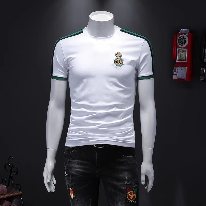 夏季圆领短袖T恤男潮牌皇冠绣标修身青年半袖纯棉打底小衫体恤潮