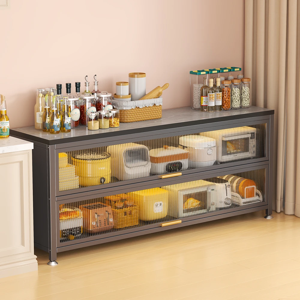 【新款】木板餐边柜厨房置物架落地多层微波炉烤箱木板收纳多功能