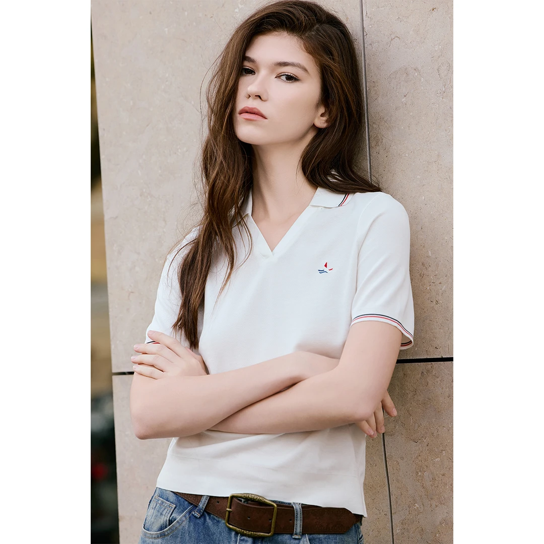 navigare意大利小帆船v领短袖polo衫女撞色条纹修身t恤夏季短上衣