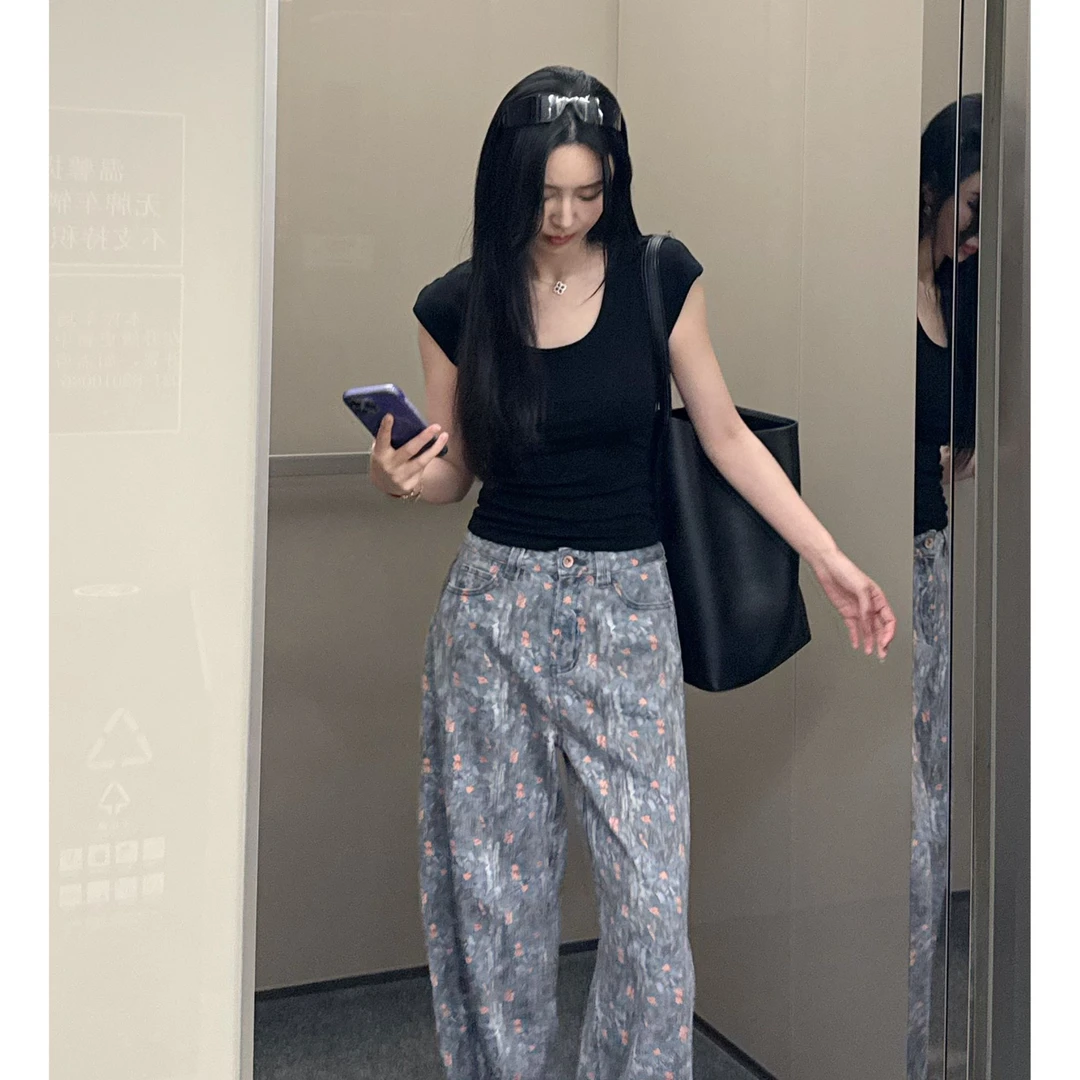菠萝宝宝yuna【时染】印花弯刀裤休闲百搭水洗小碎花色牛仔长裤YE24