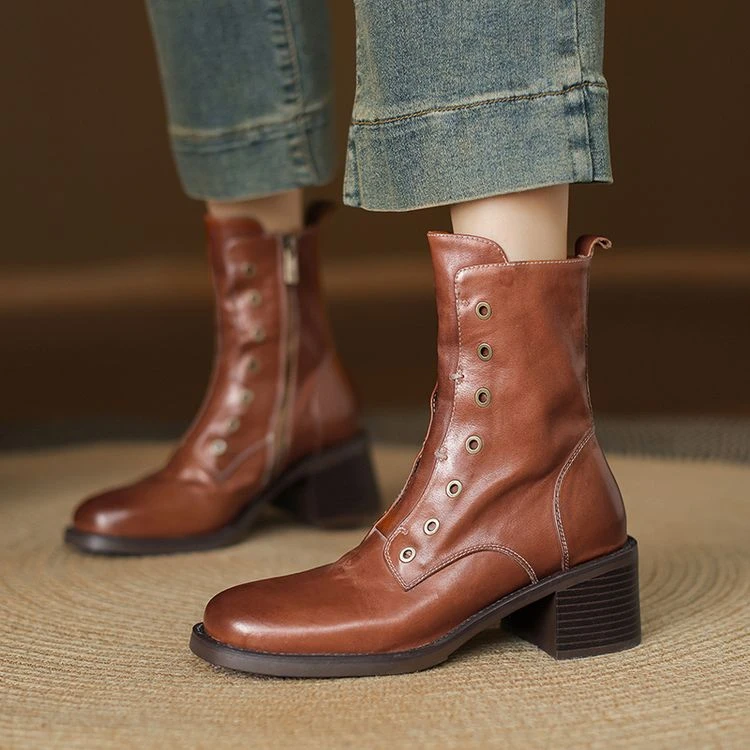 轻奢水洗头层牛皮马丁靴2025秋冬新款英伦风侧拉链粗跟机车短靴子