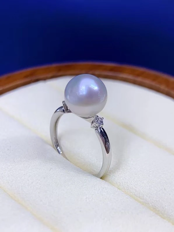 天然海水珍珠正圆10-11澳白强光时尚18k戒指