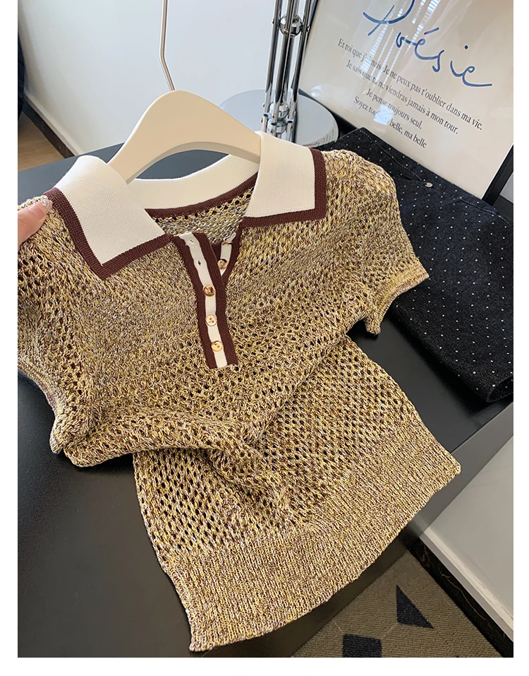 撞色polo领针织衫短袖t恤女士短款正肩镂空上衣夏薄款轻奢高级感