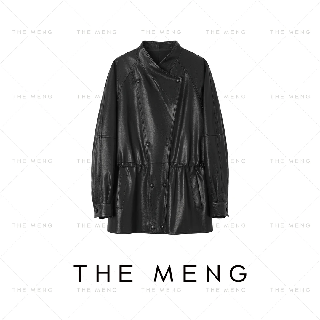 THE MENG【海岸】绵羊皮立领通勤抽绳中长款皮衣#M253F0901