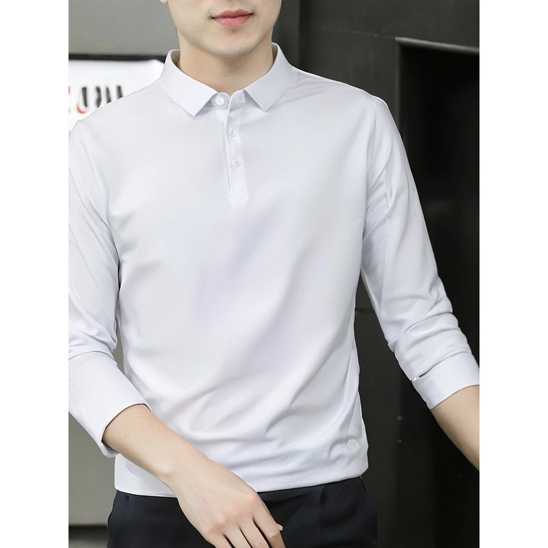2025新款春季莫代尔长袖polo衫男士丝光翻领纯色商务带领T恤上衣