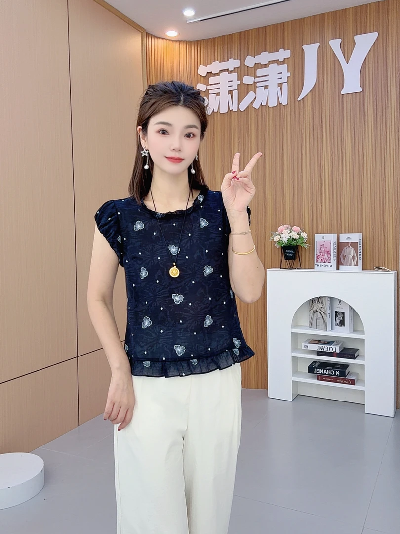 【潇潇】夏季新款花蝶星梦木耳花边领背后扣子洋气显瘦遮肉轻薄衬衫