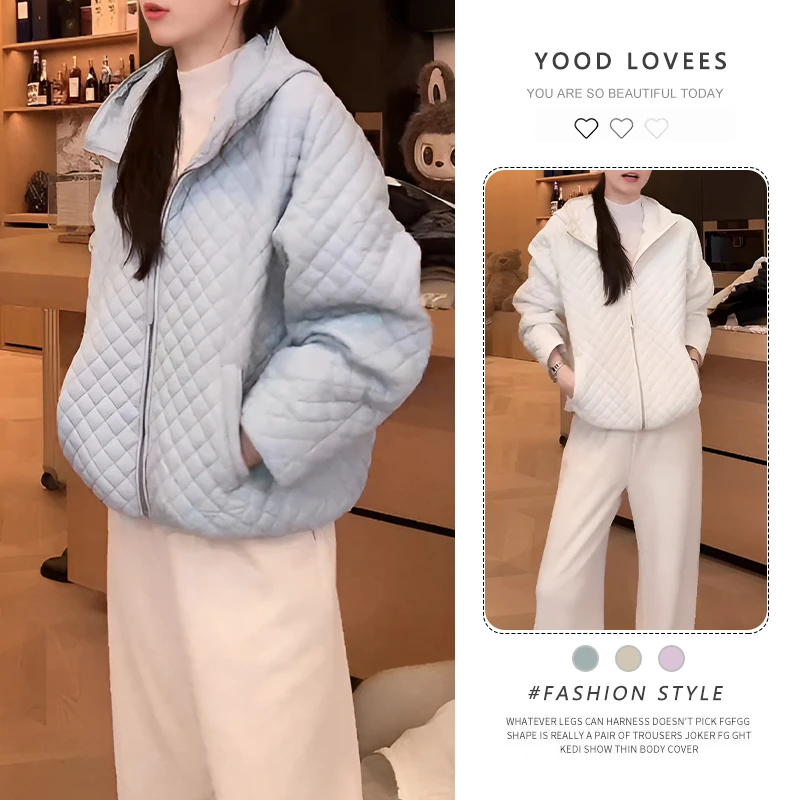 2025冬季新款韩式设计感菱形格连帽保暖棉服外套加厚裤子时尚套装