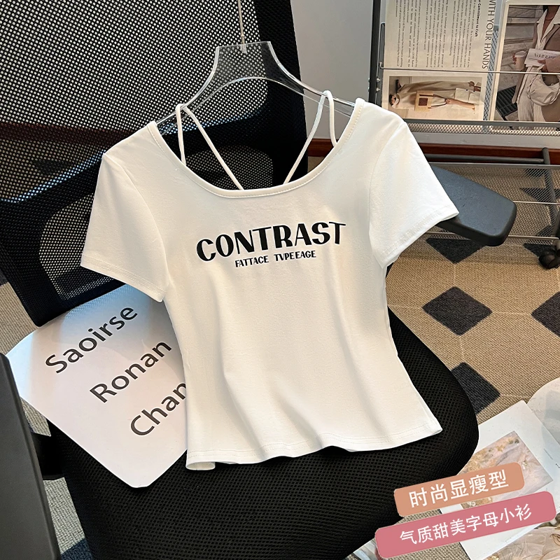 爆款t恤纯欲辣妹别致方领T恤女后背蝴蝶结修身显瘦上衣夏季短款潮