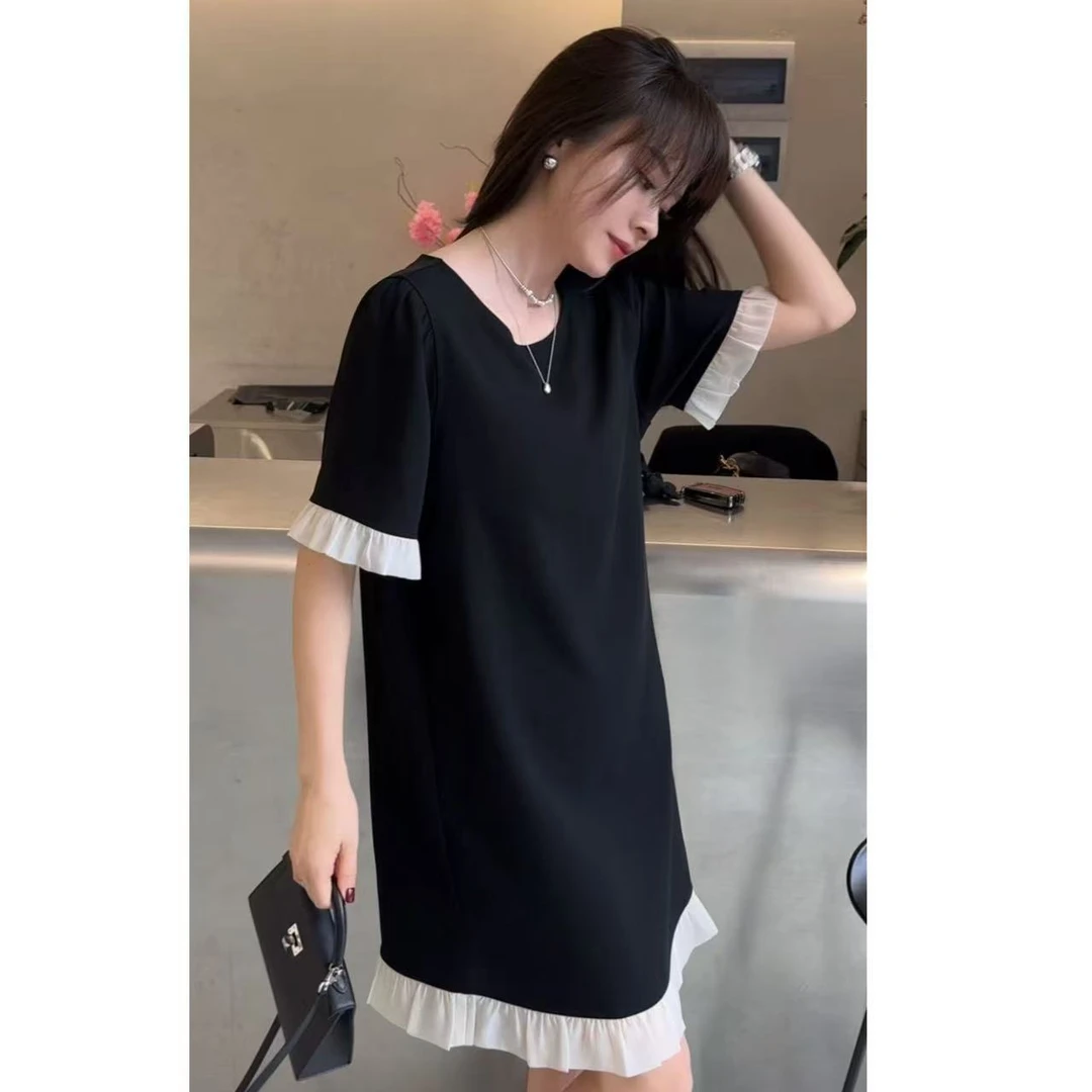 【欣~】纱边连身裙~圆领素板显瘦和裙摆拼纱边连身裙