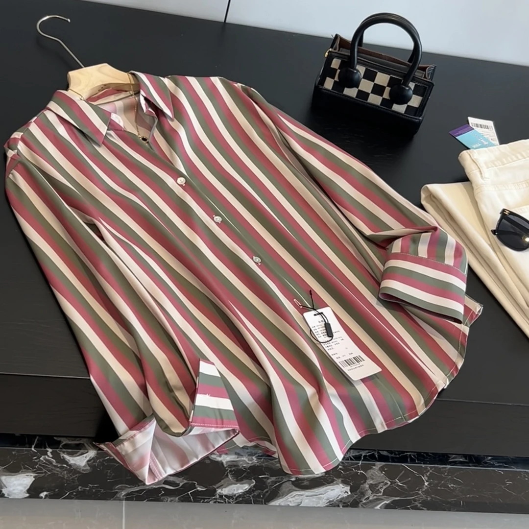 翻领撞色条纹长袖衬衫女宽松休闲慵懒风时尚潮流显瘦衬衣