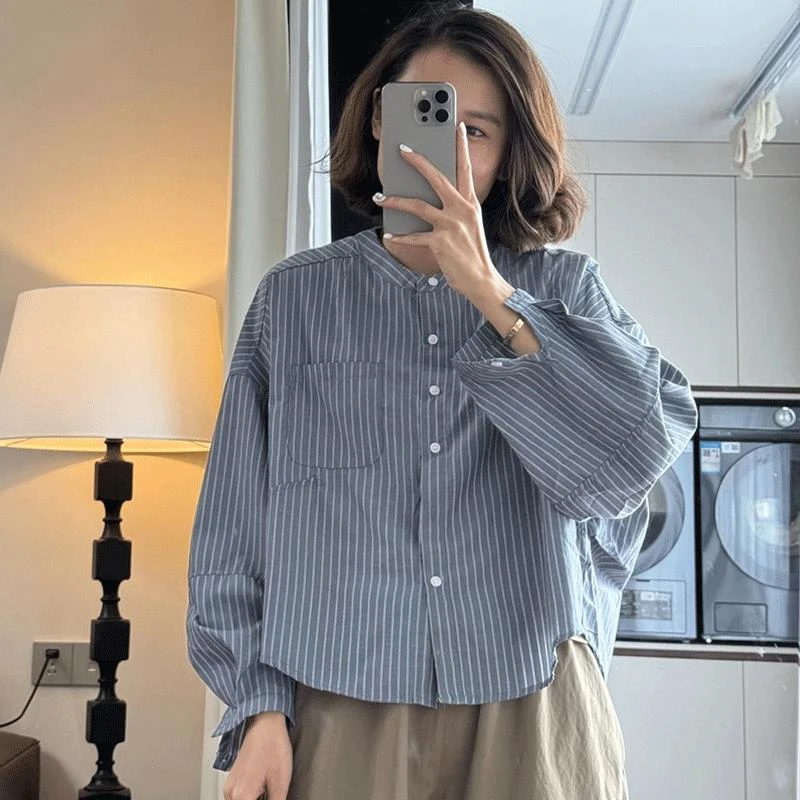 圆领条纹长袖衬衫女秋季新款韩版宽松显瘦小个子休闲灯笼袖上衣潮