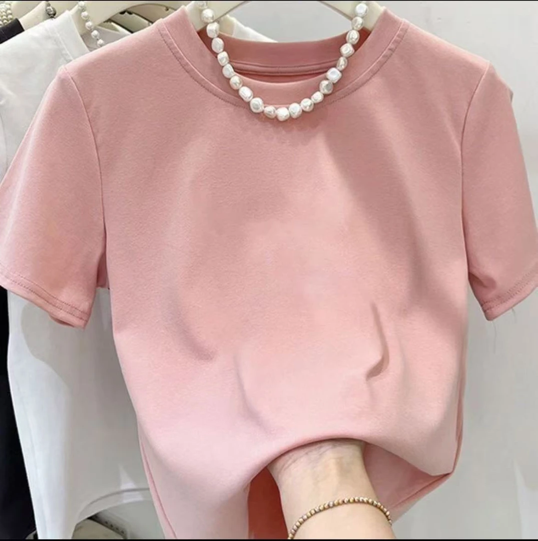 Y018款号#修身正肩圆领净版短袖t恤女新款韩版时尚内搭上衣打底衫