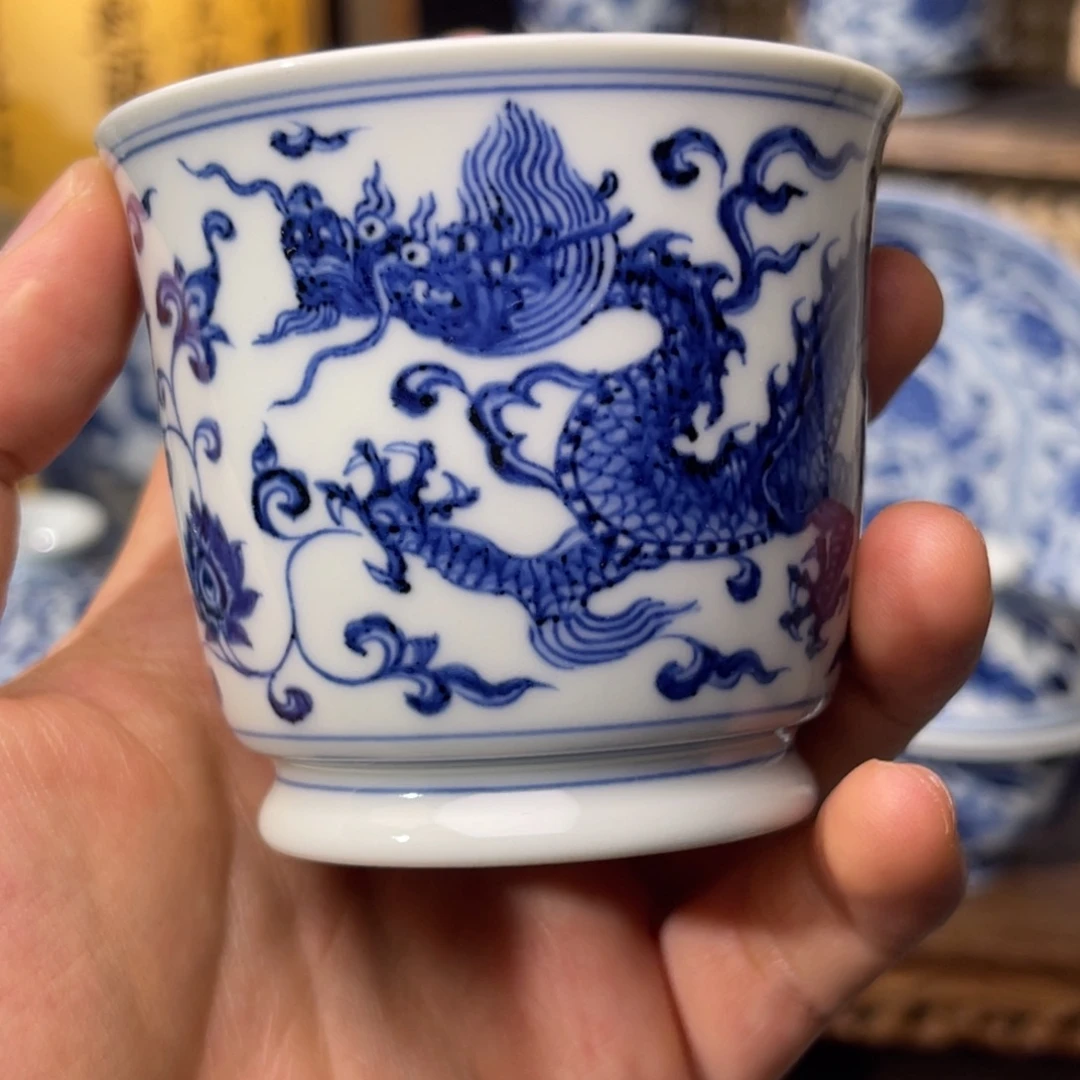 妙***柚其他瓷汀蓝手作纯手工手绘仿明龙纹单杯