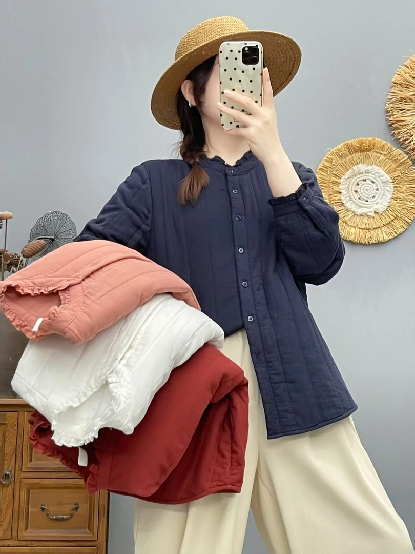 2025秋冬女款外套宽松百搭花边领棉衣棉服休闲棉袄木耳立领外套