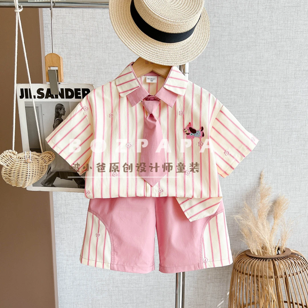 现货啵小爸【桃子布丁】2025夏季男童韩系休闲条纹设计翻领衬衫套装