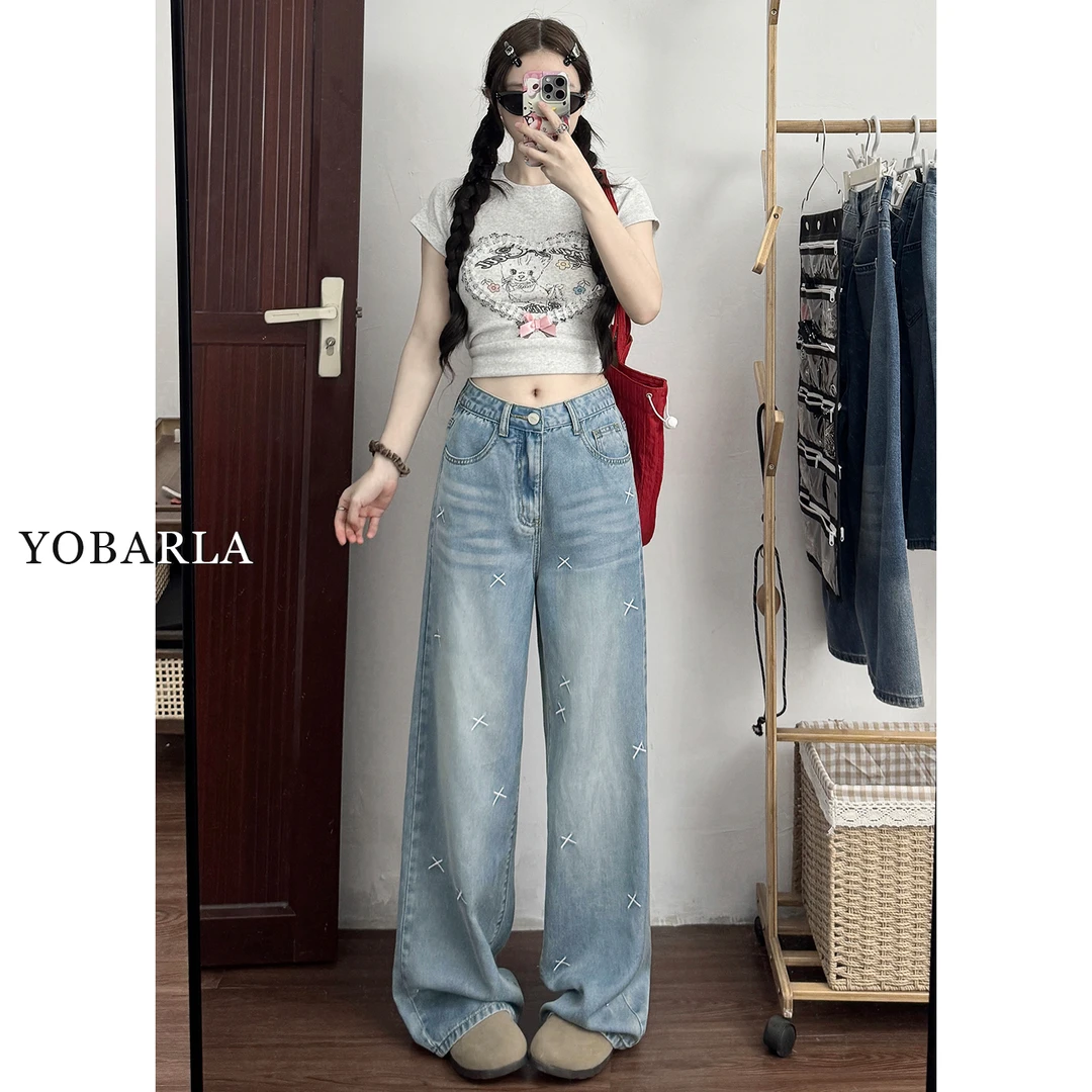 浅色刺绣阔腿天丝牛仔裤女秋冬大码女款宽松显瘦垂感冰丝直筒裤