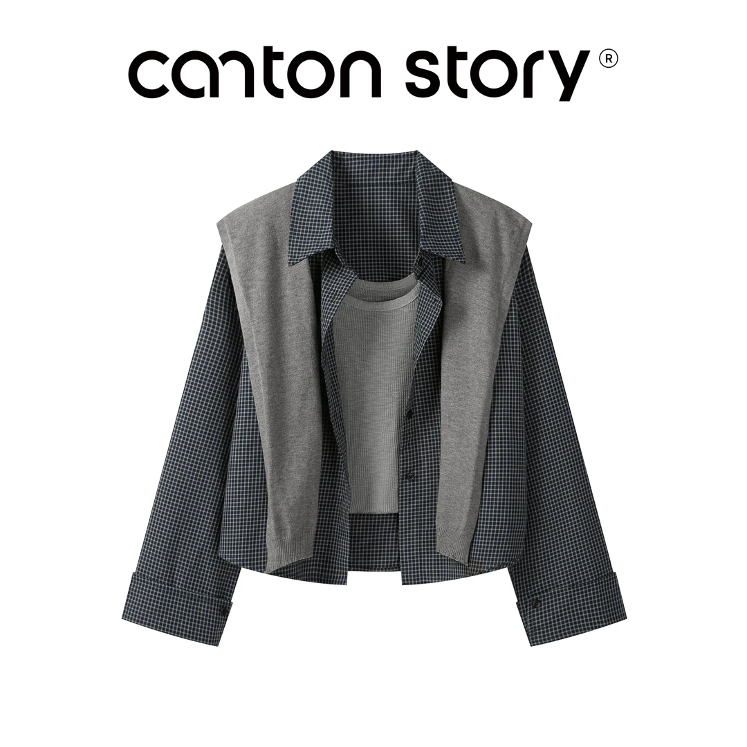 羊城故事 【清仓】复古格子衬衫宽松衬衣Y2508x配披肩背心+衬衫xM33