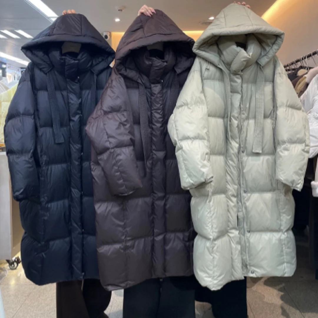 2024年新款蝴蝶家长款羽绒服女过膝连帽宽松加厚90白鸭绒外套潮