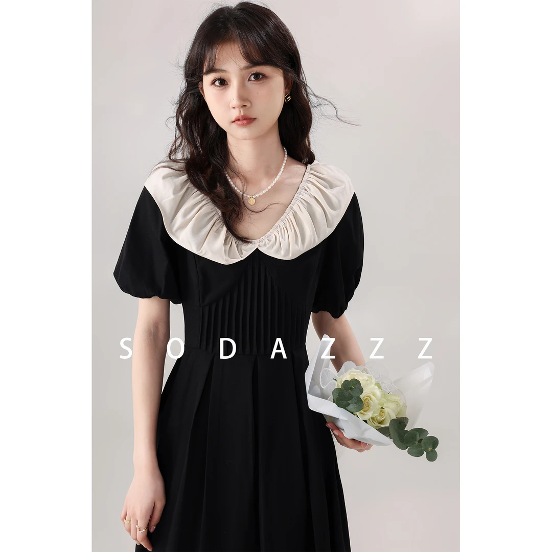 张汽水韩系黑色a字裙子设计感显瘦假两件连衣裙女装ZQS02603