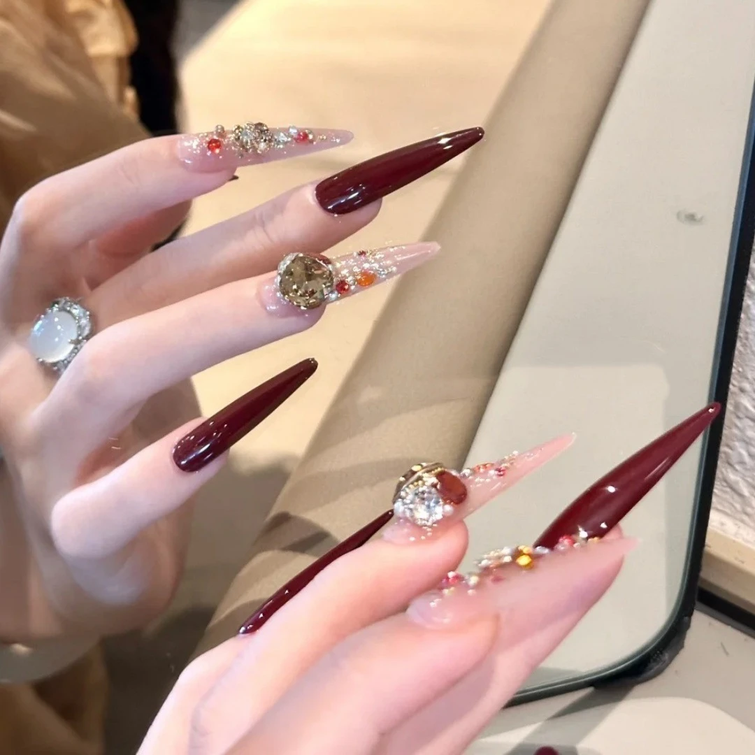 纯手工穿戴甲甜酷辣妹多彩爆闪堆钻高级感ins显白复古红气质美甲