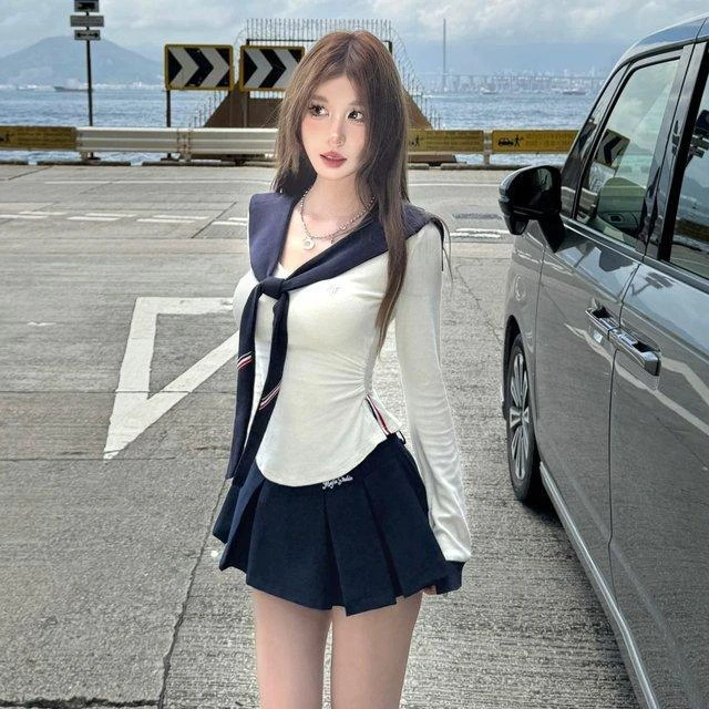 海派学院辣妹秋季修身显瘦设计感上衣内搭t恤坎肩+半身裙两件套装